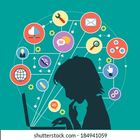 Silhouette of a man with a laptop surrounded by icons. Concept of communication in the network.