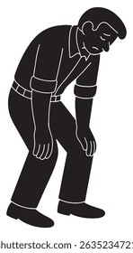 Silhouette of a man leaning forward with one hand resting on a bent knee, body heavy with emotion, tired man silhouette