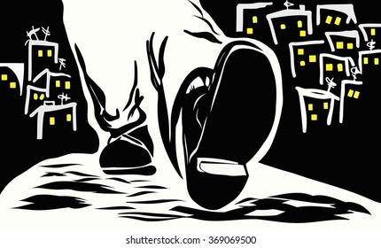 silhouette of a man legs walking down the street the night city