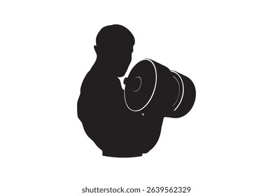 Silhouette of man lifting barbell in single arm bicep curl pose