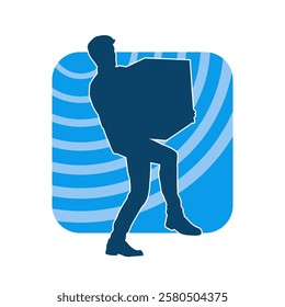 Silhouette of a man lifting a cardboard box. Silhouette of a delivery courier transporting box