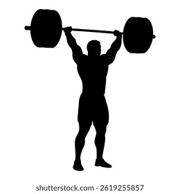 Silhouette of man lifting heavy weights isolated on transparent background.