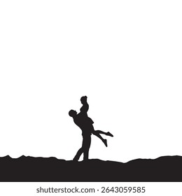 Silhouette of Man Lifting Woman Outdoors Against White Sky