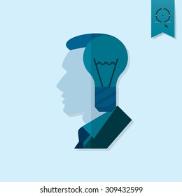 Silhouette of Man with Light Bulb, Idea Concept. Business and Finance, Single Flat Icon. Simple and Minimalistic Style. Vector