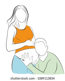 silhouette of a man listening to the belly of his pregnant wife. vector illustration.