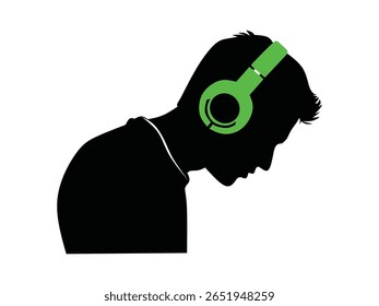 silhouette of a man listening to music from headphones isolated with white background