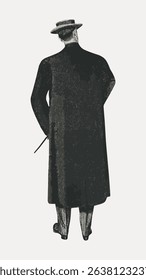 Silhouette of a man in a long coat and hat, standing with a cane. Vintage style, monochrome. The man is facing away, creating a mysterious, classic look. Vintage character art illustration vector.
