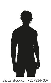 Silhouette of a man with long hair and a muscular athletic body. on the white floor