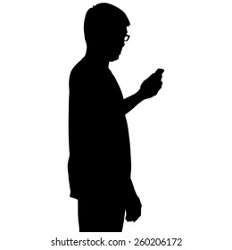 Silhouette man looking at smartphone on hand isolated on white background 