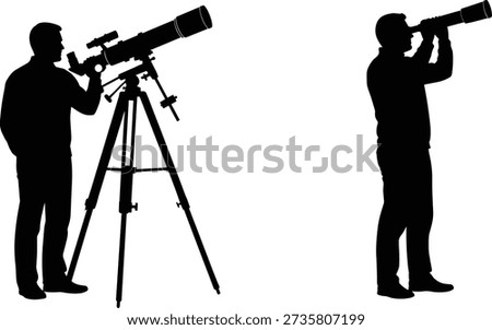 Silhouette of a man looking through a professional telescope on a tripod and a person holding a portable handheld monocular telescope