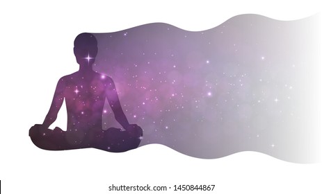 Silhouette of a man in the lotus position and space, meditation, yoga