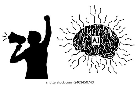 Silhouette de hombre con altavoz, protestando contra la inteligencia artificial. Ilustración vectorial.