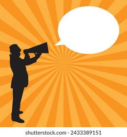 Silhouette of a man with a loudspeaker and speech bubble on orange background, announcement, loud speech, Flat vector illustration.