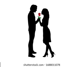 Silhouette man in love gives rose to woman. Illustration icon symbol