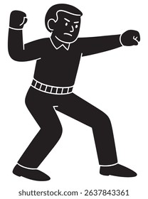 Silhouette of a man lunging forward with one arm pulled back to throw, fighter silhouette