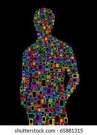 Silhouette of man made with Cellphones and Smartphones in black background