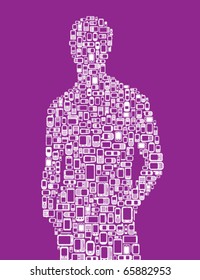 Silhouette of a man made with cellphones and Smartphones in purple and white