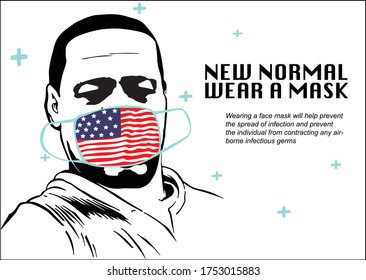 silhouette of a man with a mask on his face patterned flags for the new normal campaign poster