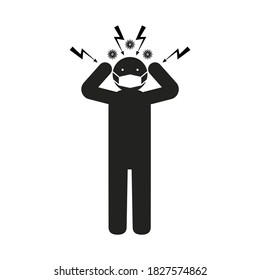 Silhouette of a man in a medical mask holds his head with his hands. Lightning bolts and coronavirus bacteria. The concept of stress and anxiety due to the covid epidemic. Vector illustration.