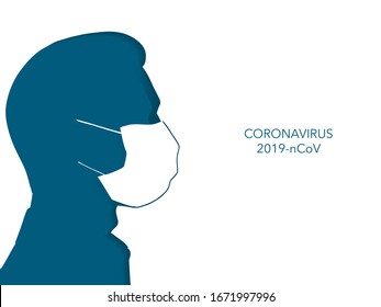 Silhouette Of A Man In A Medical Mask. Man In Profile. Respiratory Protection Concept. Vector Illustration