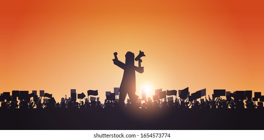 silhouette of man with megaphone over crowd protesters holding protest posters men women with blank vote placards demonstration speech political freedom concept horizontal portrait vector illustration