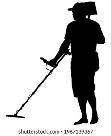 Silhouette of a man with a metal detector vector illustration in black on white background 