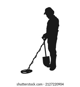 Silhouette of a man with a metal detector vector illustration in black on white background