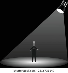 Silhouette of a man with microphone instead of head on the stage under spotlight