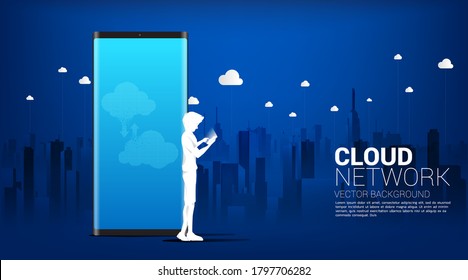 Silhouette of man with mobile phone with Cloud technology  with city background. Concept of cloud server, Storage and data transformation.