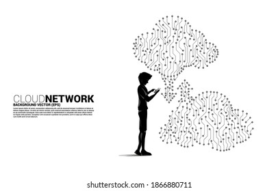 Silhouette Mann mit Handy und Cloud-Netzwerk. Konzept des Cloud-Servers, der Speicherung und der Daten