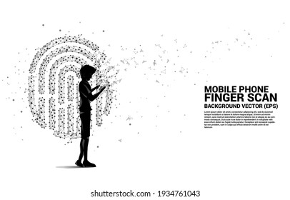 Silhouette man with mobile phone standing with thumbprint icon from dot connect line polygon. background concept for finger scan technology and privacy access.