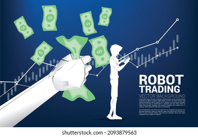 Silhouette man with mobile phone standing with robot hand grab banknote with graph background. Business concept for financial technology and machine learning disruption.