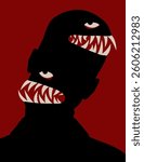 Silhouette of a man with monster jaws. Creepy poster. Flat vector illustration.
