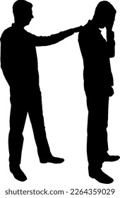 The silhouette of a man morally supports a sad person. The concept of support and help for people experiencing stress, grief and depression. Vector Silhouette