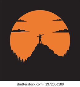 Silhouette the man of mountain on the sun, Man standing on mountain illustration vector flat