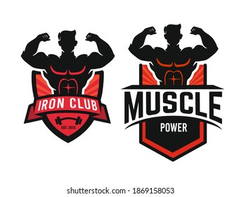 silhouette man with muscles emblem with text