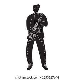Silhouette man musician plays the saxophone.Modern flat vector illustration.Isolated on white background.