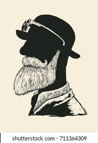 Silhouette Of A Man With A Mustache And Beard In A Bowler Hat. engraving style. vector illustration