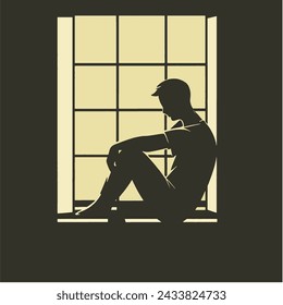 Silhouette eines Mannes im Nachtfenster. Der Mensch in der Depression mit verdutzten Gedanken im Kopf. Symbol der Erwartung und Nachdenklichkeit. Flachstil