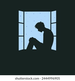 Silhouette of a man in night window. Man in depression with bewildered thoughts in his mind. symbol of expectation and thoughtfulness. Flat style