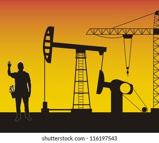 silhouette man with  oil pump. vector illustration