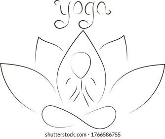 Silhouette of a man on a background of a lotus flower. Lettering Yoga. Vector. Line art. Minimalism.