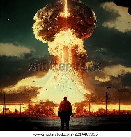 Silhouette of a man on the background of a mushroom from a nuclear bomb explosion. Nuclear war in the world.