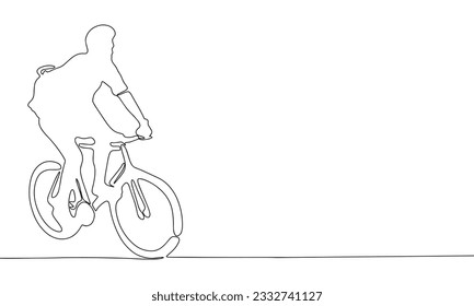 Silhouette of man on bicycle. One line continuous sport, delivery banner concept. Line art, outline, minimal vector illustration.