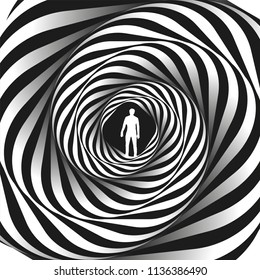 The silhouette of a man on a black background, around him black and white stripes, optical distortion. Abstract spiral wavy shape. Op art.