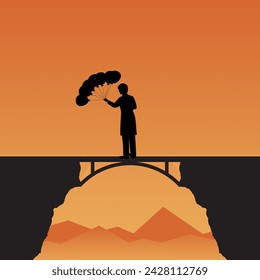 Silhouette of a man on a bridge holding balloons