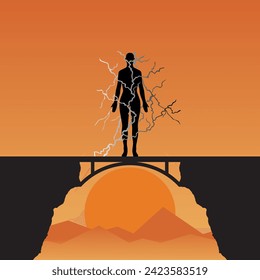 Silhouette de un hombre en un puente con un símbolo de relámpago alrededor de su cuerpo