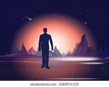 
Silhouette of a man on a futuristic background with a glowing retro circle portal with the mountains against the backdrop of a starry sky for poster, music cover 80s style. Adventure travel concept.