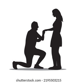 Silhouette of man on his knees makes a proposal to marry the woman, hand draw sketch vector. Flat cartoon by Vector illustration isolate on white.