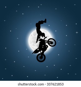 Silhouette of a man on a motorcycle in the moonlight. Vector illustration